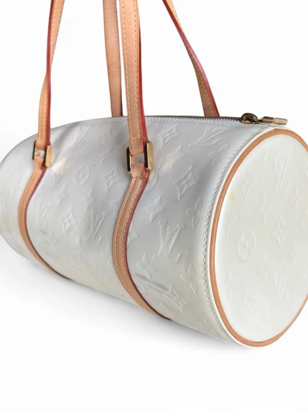 Louis Vuitton White Vernis Monogram Barrel Shoulder Bag with Tan Straps